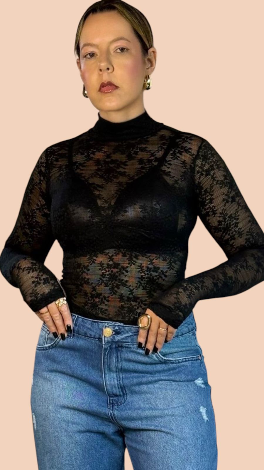Body Segunda Pele em Renda Floral Preta - Imagem 2